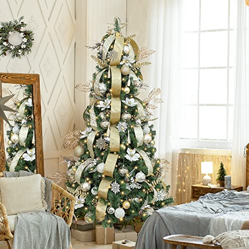 Wbhome 6Ft Decorated Artificial Christmas Tree With Ornaments And Lights, White Gold Christmas Decorations Including 6 Feet Full Tree, Ornaments Set, 300 Led Lights #TOP5