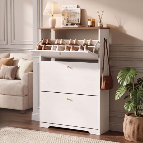 Nicetree 3 Flip‑Drawer Shoe Cabinet,Walnut Top,9.5" Deep, Light White