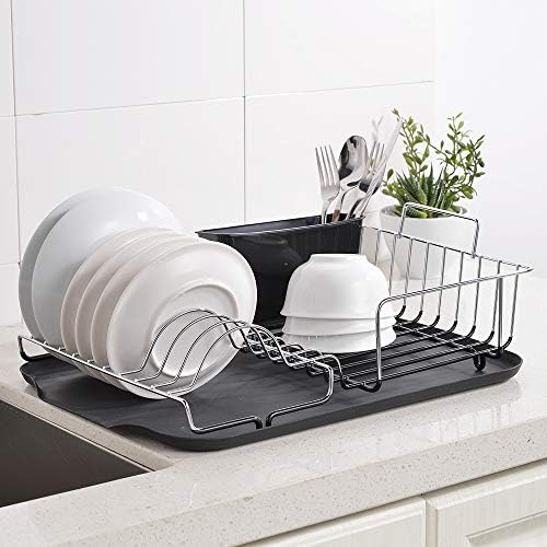 COTULIN Kitchen Rustproof Strainless Steel Dish Drying Rack, Dish Rack With Removable Utensil Holder, Antimicrobial Black Plastic