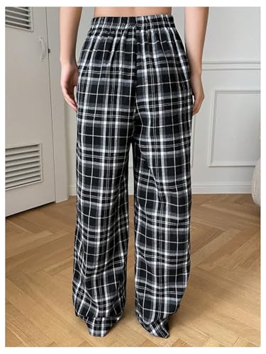 SHENHE Calça de pijama feminina de perna larga, xadrez, folgada, confortável, calça de dormir, Preto