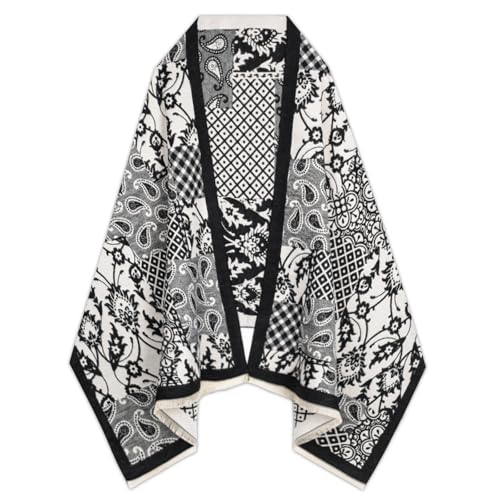 EXTREE Scarfs for Women Pashmina Silky Shawl Wrap for Evening Dressing Blanket Open Front Poncho Cape Ahx-white-black-check