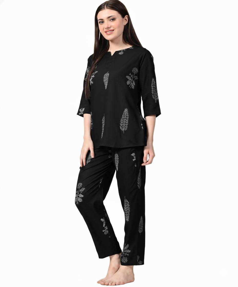 Women's Black Short Kurti Pajama Set with Silver Feather Print, 3/4 Sleeve Top and Full Length Pants, Comfortable Nightwear Loungewear-image-44