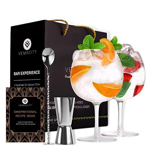 Vemacity Premium Gin Gläser 2er Set | 2 Ballonförmige Gin Tonic Gläser (550ml) | Silber Bar-Löffel & Doppelseitigem Jigger | Gingläser Geschenkset | Aperol Glas | Ideal zum Verschenken