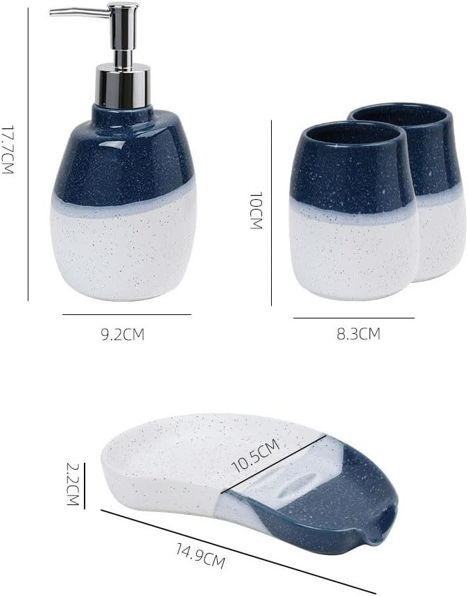 Ceramic Bathroom Accessories Set of 4 Gradient White and Blue Washing Set 2 Gargle Cups,1 Soap Dishes,1 Lotion Dispenser Ideas Home Gift for Ware Home Decor