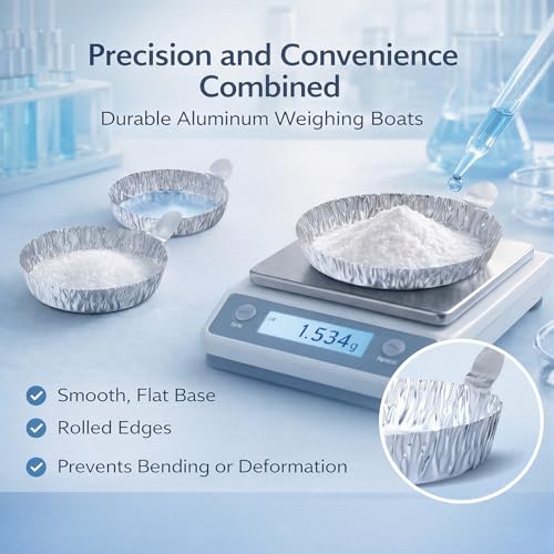 Image of 250 Pcs Aluminum Foil Weigh Boats Multi-Size (50L, 100M, 100S), Disposable Sample Pans with Handle for Lab Moisture Analyzers, Analytical Balance, Epoxy Resin, Powder & Liquid Weighing