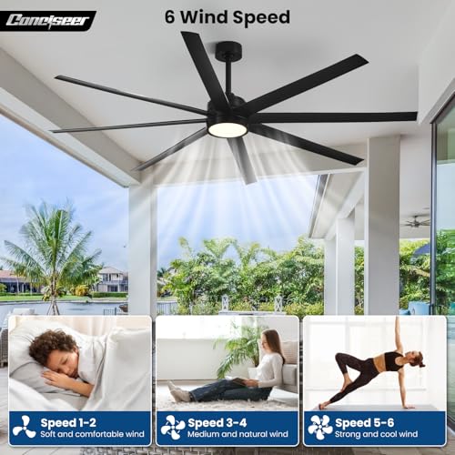 Image of Conciseer Modern Ceiling Fans with Lights, 84 Inch Ceiling Fan with Light and Remote,Living Room Library Cafe Outdoor /Industrial, 3CCT 8 Blades 6 Speed Reversible Quiet DC Motor, Black /A