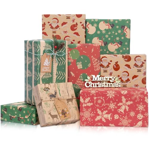 Rancco Christmas Wrapping Paper, 6 Sheet Wrapping Paper Set with Santa Claus, Snowmen, Reindeer, Christmas Paper for Xmas Winter Holiday New Year Party Decoration, 27.5x19.7inch