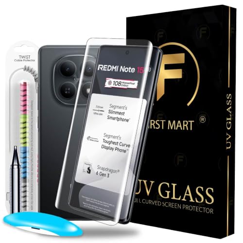 Image of FIRST MART UV Tempered Glass for Redmi Note 15 With Cable Protector - 9H Full-Glue Curved Screen Guard, HD Clear, Fingerprint Compatible, Bubble-Free | Crystal Clear