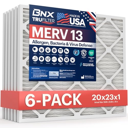 Image of BNX TruFilter 20x23x1 Air Filter MERV 13 (6-Pack) - MADE IN USA - Electrostatic Pleated Air Conditioner HVAC AC Furnace Filters for Allergies, Pollen, Mold, Bacteria, Smoke, Allergen, MPR 1900 FPR 10