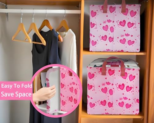 Image of Pink Valentines Day Basket Large Foldable Heart Shaped Storage Box for Gifts Kids Empty Storage Bins Rectangular Toy Organizer Decor (Two Love)