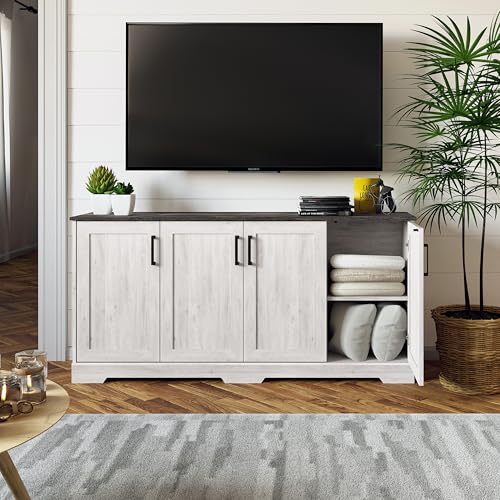 Image of Prepac Rustic Ridge 4 Door Console Table with Storage, Washed White Storage Cabinet with Doors and Shelves, Sideboard Storage Cabinet 66 inch W x 31.75 inch H x 16 inch D, ACBG-1620-1