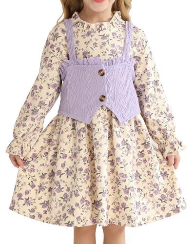 Image of Toddler Girl Dress Fall Winter Clothes 2 Piece Outfit Long Sleeve Crew Neck Toddler Dress for Girls
