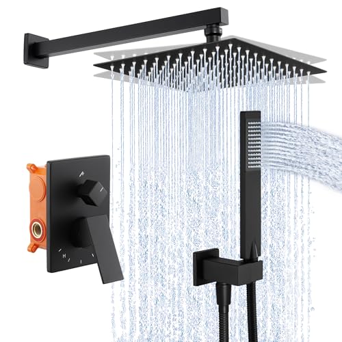 KES Système de Douche Encastrable Noir Set de Douche Encastré avec Tête de Douche 25x25 cm Ensemble de Douche Mitigeur Douche Corps Kit de Douche 3 Modes de...