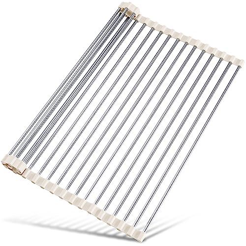 Tomorotec Roll Up Dish Drying Rack Over Sink Drying Rack Sink Cover Kitchen Sink Accessories Gadget Multipurpose Organizer Foldable Stainless Steel Drainer 45x40cm (White)