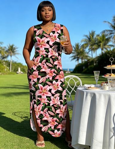Image of UOUA Women Summer Maxi Dresses Plus Size Casual Hawaiian Sundress Sleeveless Loose Split Beach Dress with Pockets