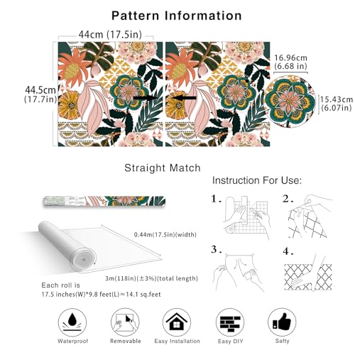 HAOKHOME Boho Peel and Stick Wallpaper Tropical Floral Removable Contact Paper Stick on Wallpaper for Accent Wall Living Room 17.3in x 118in