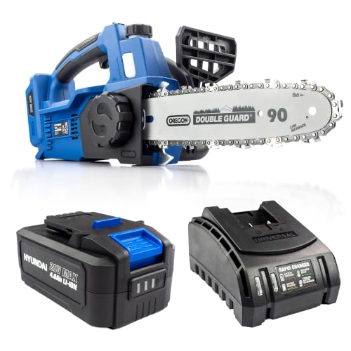 Hyundai Tronçonneuse Sans Fil 20 V Brushless, Guide et Chaîne 25 cm, Batterie Li-ion 4 Ah, Chargeur Inclus, Élagage, Garantie 3 Ans - HY2190