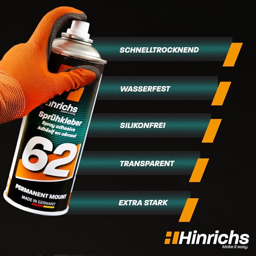 Hinrichs Sprühkleber 400ml - extra stark & wasserfest - Kleber für Dachhimmel, Stoff, Kunststoff, Papier, Pappe, Styropor, Metall uvm. - Heimwerken, Handwerk & Auto - Klebespray transparent
