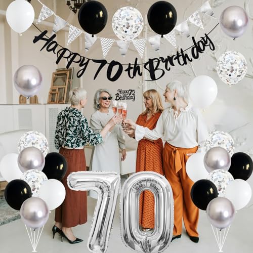 Image of 70th Birthday Decorations for Men, Black Silver 70th Birthday Balloons with Black Happy 70th Banner 70 Cake Topper Decoration Number 70 Balloon for Women 70th Party Decor