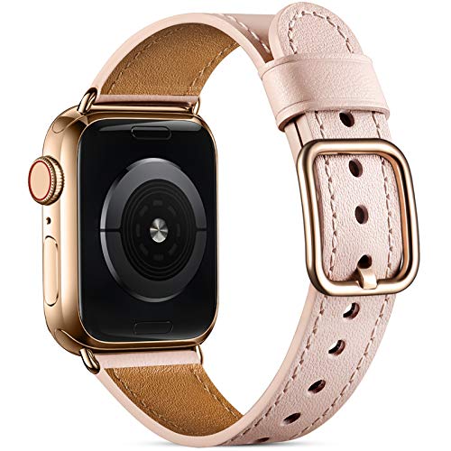 Nofeda Leather Band Compatible with Apple Watch 40mm 38mm Women Men, Top Genuine Leather Vintage Replacement Strap Bands for iWatch Series 1/2/3/4/5/6 iWatch SE (Pink Sand/Rosepink Buckle)