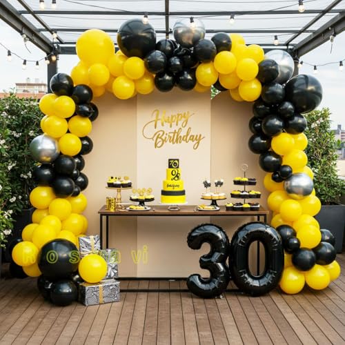 Image of Black and Yellow Balloon Arch Kit with Silver Balloons, 127 Pcs