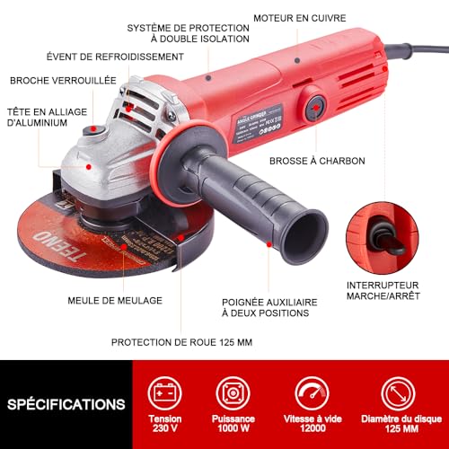 TEENO Meuleuse D'angle 1000W, Meuleuse Angulaire Régime à Vide 12000 trs/min (Disque à Ébarber/à Tronçonner:125 mm 4 pièces),Pour la coupe et le meulage du métal,Carter de Protection et Poignée – Image 3
