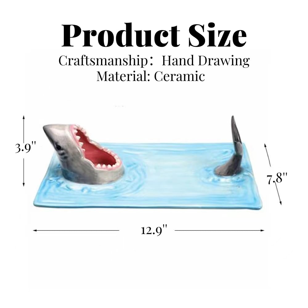 Shark Sushi-Teller und Sojasaucenschalen, handbemalt, Keramik, Serviertablett mit Essstäbchenablage (Blau, 33 x 20 cm)