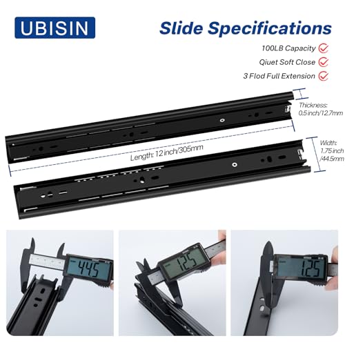 Ubisin Full Extension Ball Bearing Drawer Slides 12 Inch Side Mount Cabinet Rails 1 Pair Tool Box Trash Can Glides Heavy Duty Kitchen Drawer Runners 100LB Capacity - Image 2