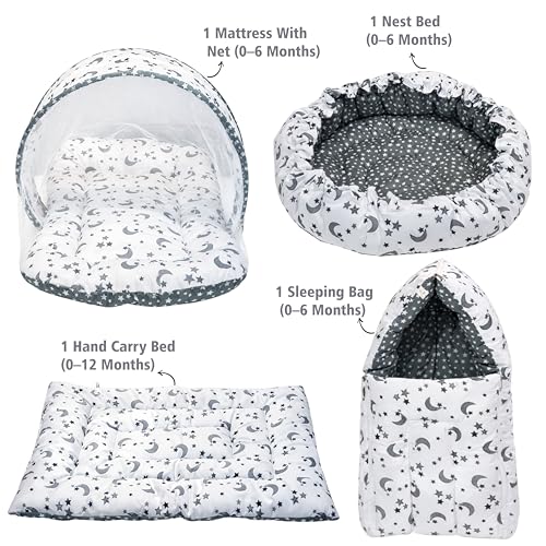 Image of Fareto Combo of Baby Nest | Net with Bed | Carry Bag | 4 Pcs Bedding Set(0-6 Months) (Fullset Nest) (Full Set Nest Grey Moon)