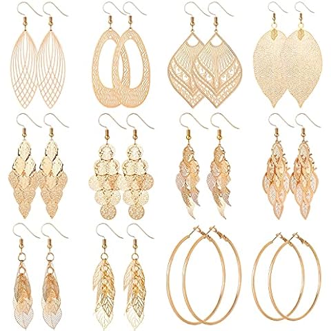XIJIN 12 Pairs Gold Drop Dangle Earrings Set Long Leaf Earrings Vintage Statement Hoop Earrings for Women Cover