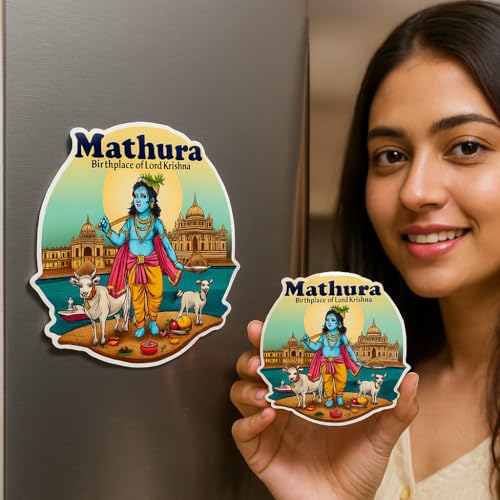 Image of Naxon Mathura City Theme Souvenir Wooden Fridge Magnet for Refrigerator - Printed Fridge Magnet for Kitchen & Home Decor | Perfect Souvenir Gift | Size 3x3 in | Pack of 1