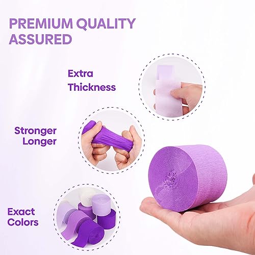 Image of 8 Purple Streamers with White, 656ft Pack of Crepe Paper Party Decorations | Each roll is 82 ft long and 1.8 Inch wide ideal for Birthday Party Decor, Baby showers and Princess Parties
