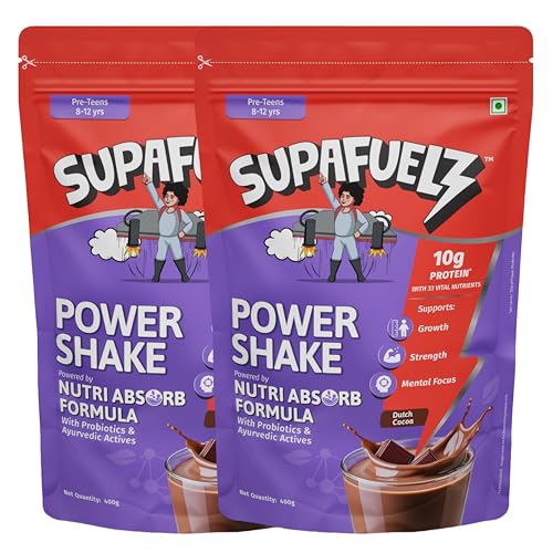 Image of Supafuelz Power Shake Kids 8-12 yrs (2 x 400g) | Height & Strength Drink | 10g Protein, 33 Nutrients, Probiotics & Ayurvedic Actives| Daily Nutrition Drink supports Growth, Focus & Energy | Chocolate 800 g | Safe Nutrition Drink For Kids