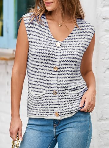 Image of EVALESS Casual Cropped Crochet Cardigan Sweaters for Women Trendy Summer V Neck Sleeveless Sweater Vest Button Up Cardigans