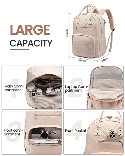 LOVEVOOK Laptop Backpack for Women, Large Capacity Travel Backpack with Luggage Strap, Stylish Women Backpack with USB Port, Waterproof Quilted Work Backpack for College Business 15.6 Inch, Beige - Image 4