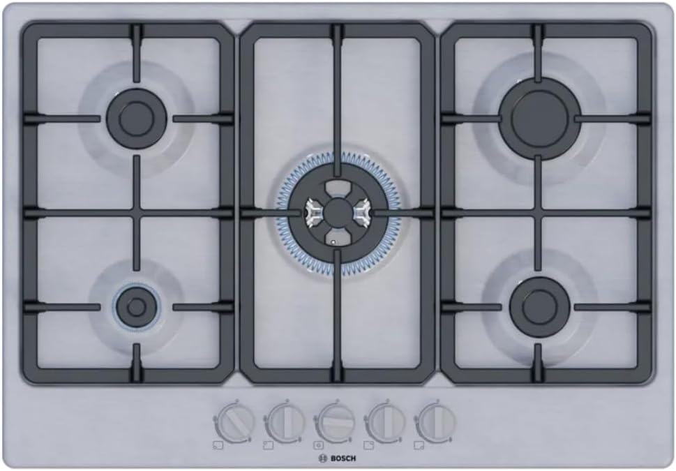 Bosch PGQ7B5K90 Series 4 Gas Stove, WOK Burner: Power up to 3.3 kW, Cast Iron Cooking Grates, Steel, 75 cm, Stainless Steel