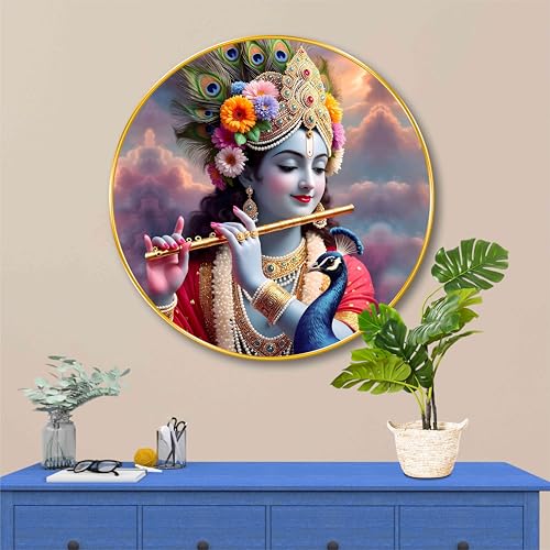 Image of SAF Shri Krishna with Peacock & Flute Wall Painting - Divine Spiritual Art in Round Golden Frame | Colorful Krishna Artwork for Home, Living Room, Pooja Room & Gift (16 X 16 Inch) GRM-296