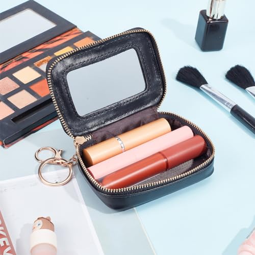 WADORN PU Leather Zipper Lipstick Storage Bags with Mirror, Small Cosmetic Bag for Lipsticks Mini Portable Makeup Holder for Women, Black - Image 4