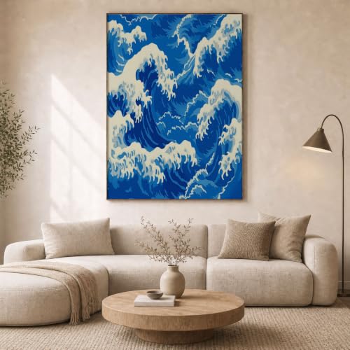 Impression sur toile style japonais pour décoration de salon rétro bleu et blanc cassé
