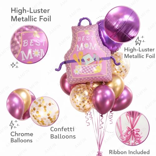 Image of AMFIN (Pack of 10) Happy Birthday MOM Mother's Day celebration balloon bouquet setup home party decor apron theme pink gold heart arrangement gift surprise decoration kit Mummy