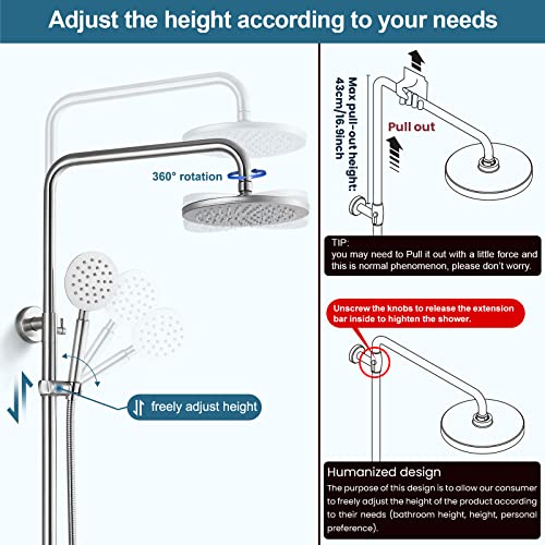 Midanya Brushed Nickel Outdoor Shower Fixture Sus304 Stainless Steel 8 Inch Rainfall Showerhead Wall Mount Shower Faucet With Round Hand Sprayer Adjustable Slide Bar Single Handle #TOP4