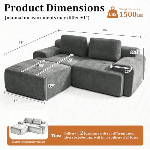 Image of 85 inch L Shaped Oversized Cloud Couch, Comfort Boneless Sectional Couches for Living Room, Modular Sofa High Back & Extra Deep Seat, No Assembly, Soft Chenille (Dark Grey, 85 inch- L Shaped(2+1))