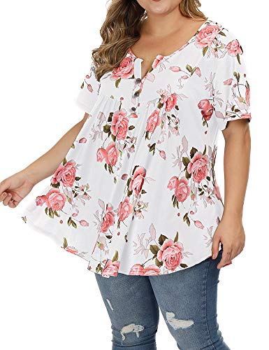 Allegrace Women's Plus Size Blouses Short Sleeve Henley Shirts Button Up V Neck Floral Pleated Tunic Tops White 4X #TOP3
