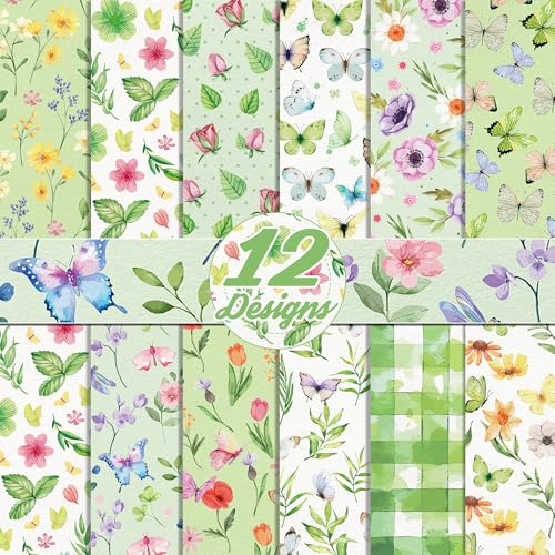24 Sheets Spring Flower Scrapbook Paper 12'' x 12'' Double-Sided Green Butterfly Floral Cardstock, Watercolor Flower & Butterfly Scrapbook Paper Pack for Card Making, Scrapbooking Supplies, DIY Craft