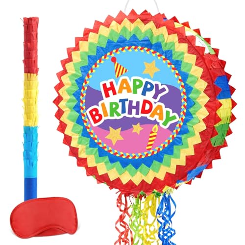 WERNNSAI Pinata – Geburtstag Pinata Kinder Bunt Piñata Set mit Stock Augenbinde Zugschnur Geburtstagsdeko Karneval Partyspiele