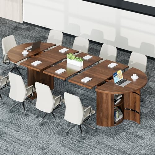8FT Long Extendable Round Conference Table for 4-10, 43-95 Inch Fluted Oval Meeting Room Table with Storage, 3 Leaf, Space Saving Circle Desk for Office, Conference Room, Boardroom, Seminar, Walnut