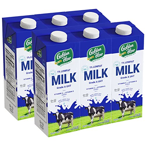 Golden Flow Shelf Stable Milk -1% Low Fat UHT Milk - 6 Pack Fortified with Vitamins A & D –No Refrigeration Needed, 32 Fl. OZ - Kosher Cholov Yisroel