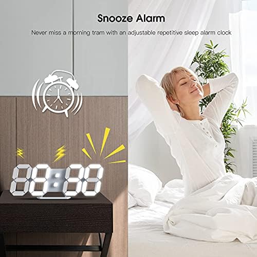 Led Digital Wall Clock 3D Small Alarm Clock Home Decor Snooze No Noise Dimmable Time Memory 12/24 Date Temperature Display Remote Control Night Light Office Kitchen Bedroom living Room 25.2cm White