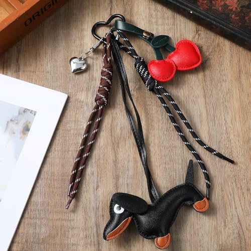Giantree Dackel Schlüsselanhänger, Süße Leder Dackel Herz Kirsche Taschenanhänger Dackel Keychain Dackel anhänger Glücksbringer Dackel Geschenke (Schwarz)