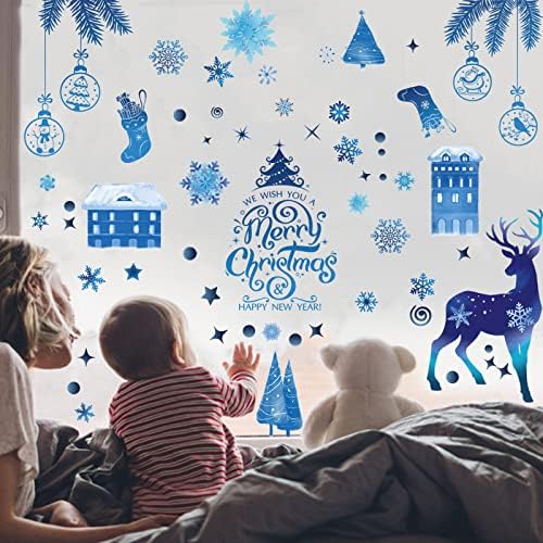 Adisno Christmas Window Stickers 9 Sheets, Snowflakes Reindeer, Christmas Tree, House Window Stickers Double-Sided Stickers for Glass, Door, Refrigerator, Mirrors, Party, Home Decorations